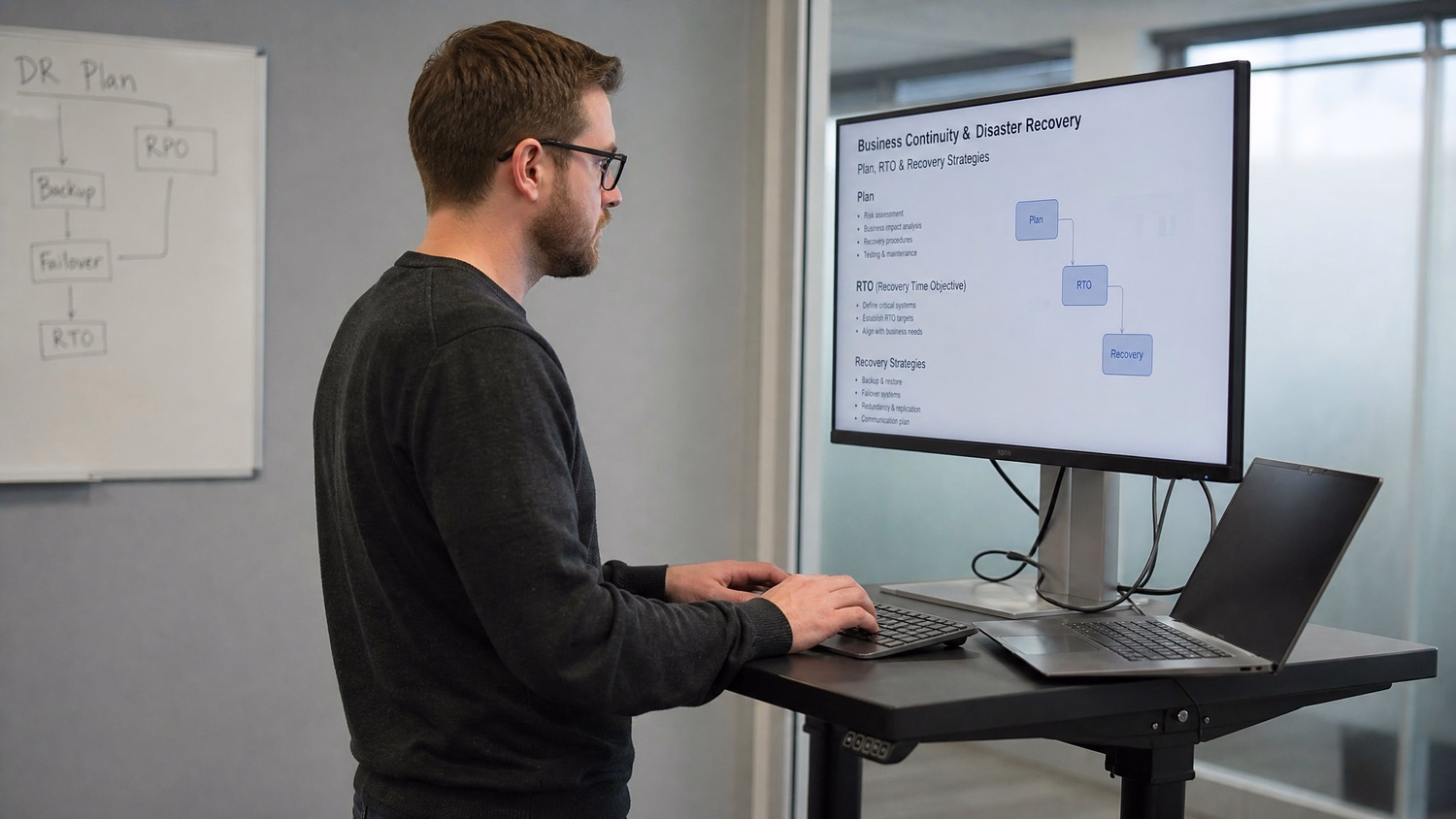 STANDING DESK An IT professional one person standing at a height-adjustable