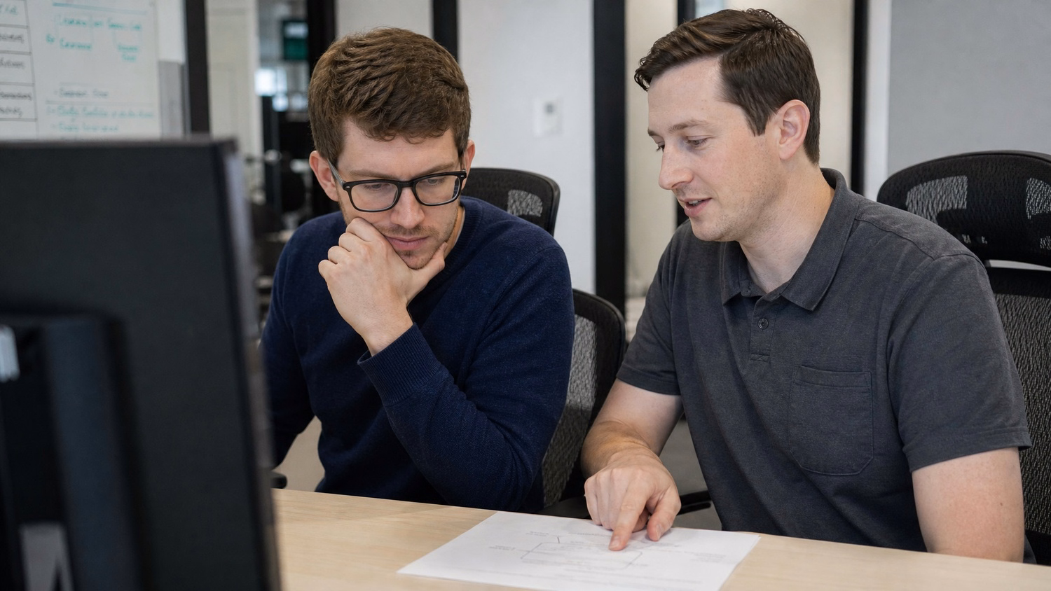 SIDE-BY-SIDE PAIR An IT professional two people seated side by side reviewin