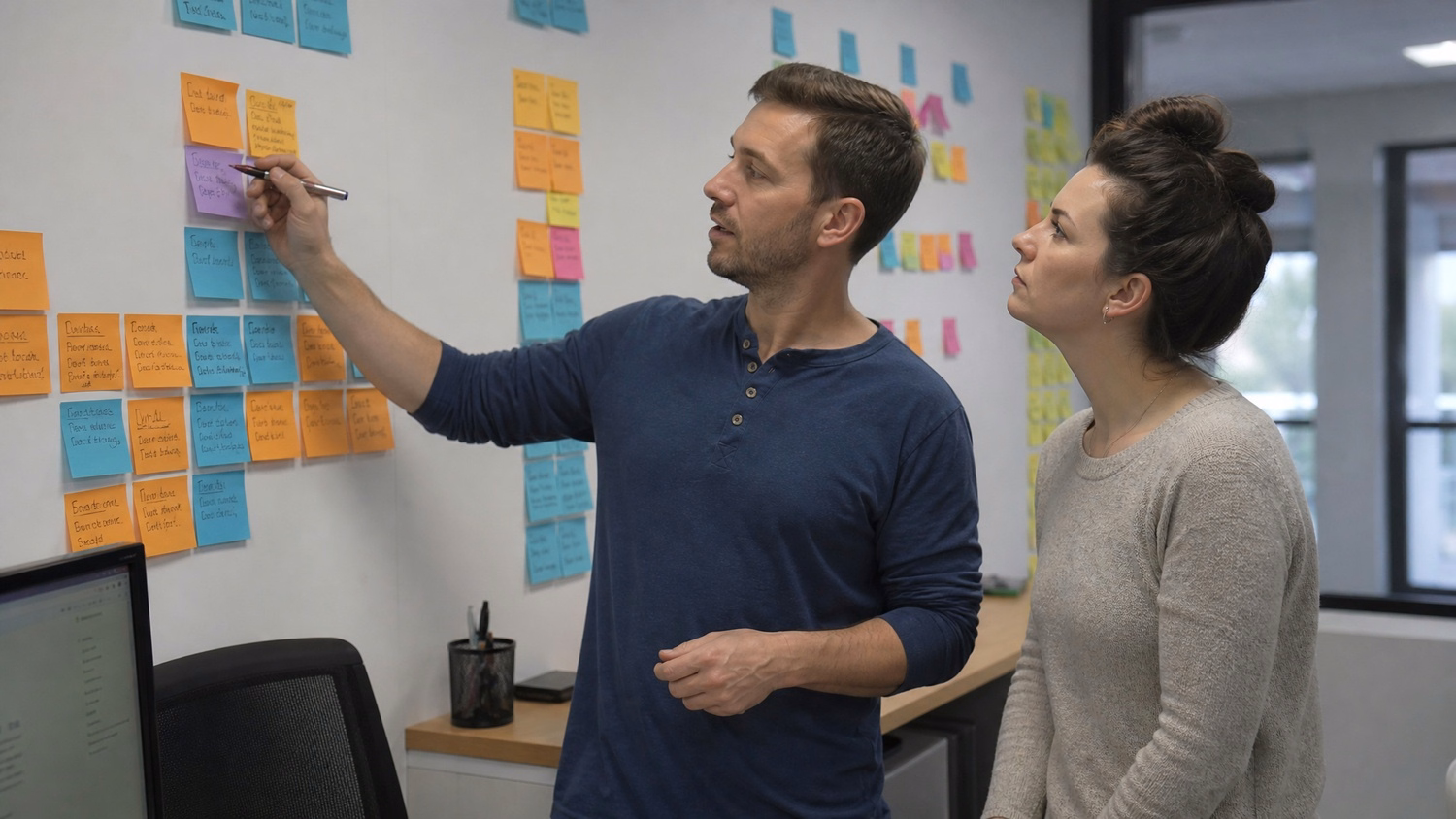 STICKY NOTE WALL An IT professional two people standing at a wall covered wi