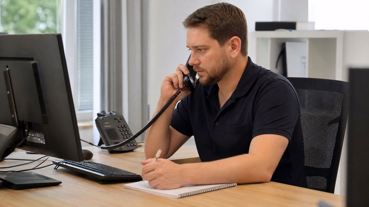 PHONE CALL AT DESK An IT professional one person at a desk with phone to one