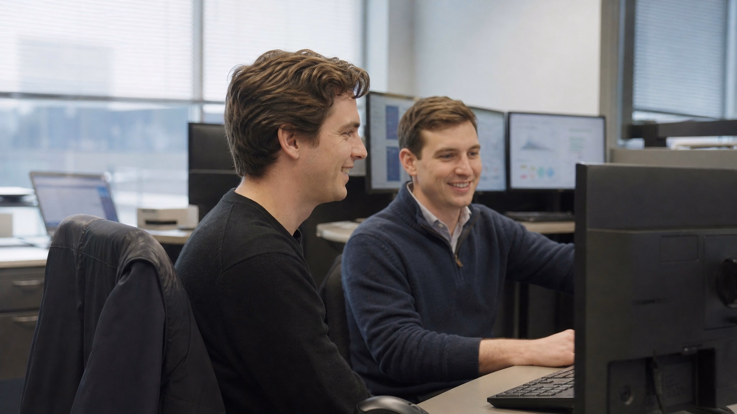 Colleagues review data on monitor at shared desk