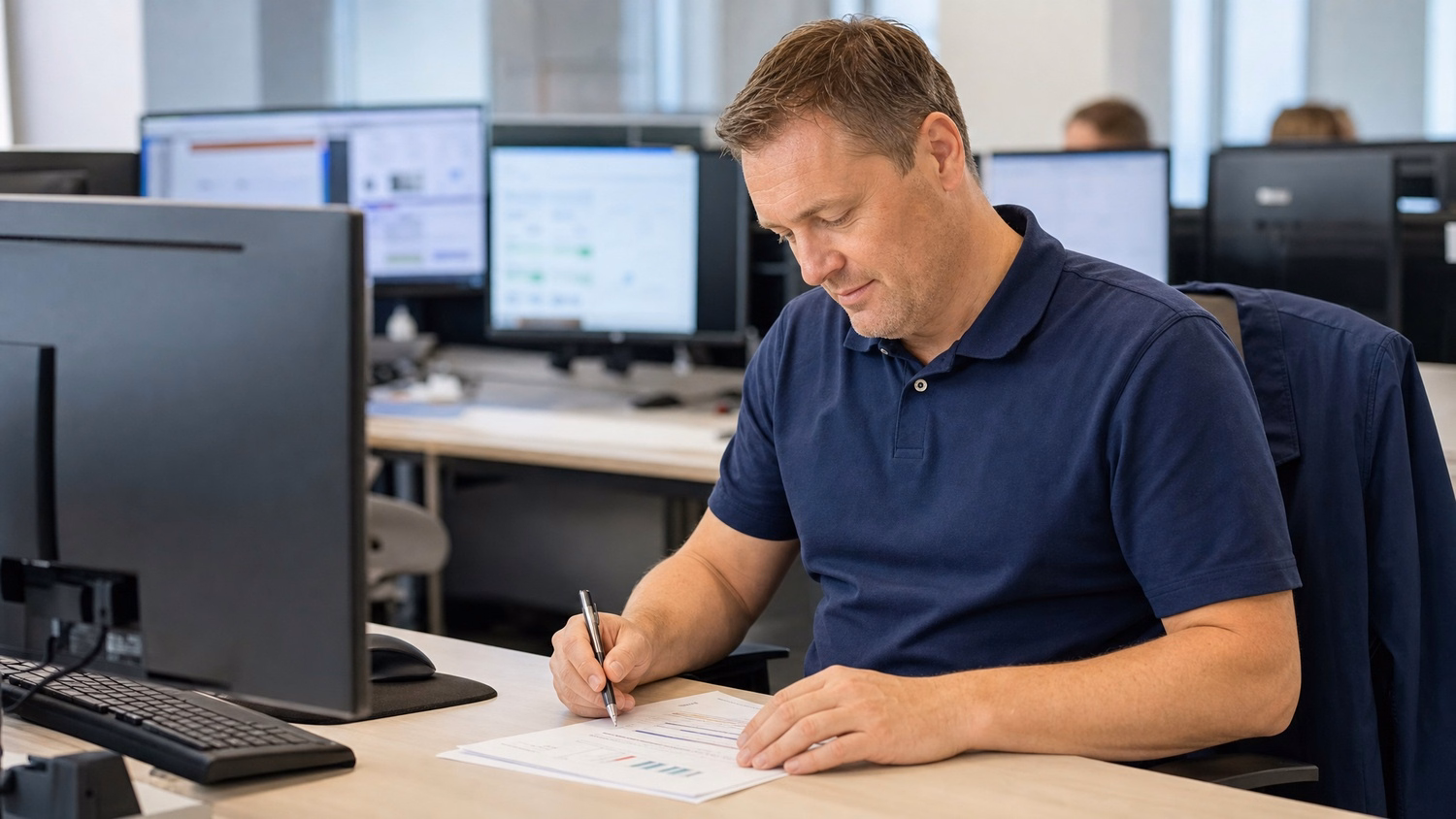 Consultant reviewing financial documents with pen at desk