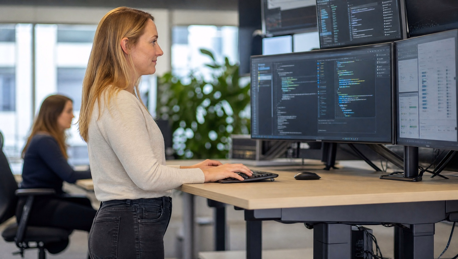 IT support specialist typing code on standing desk monitor 67