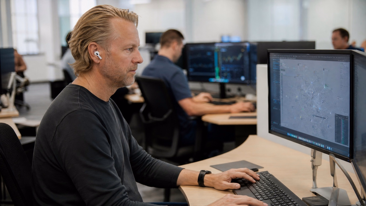 IT support specialist reviewing network diagram on monitor 60 chars