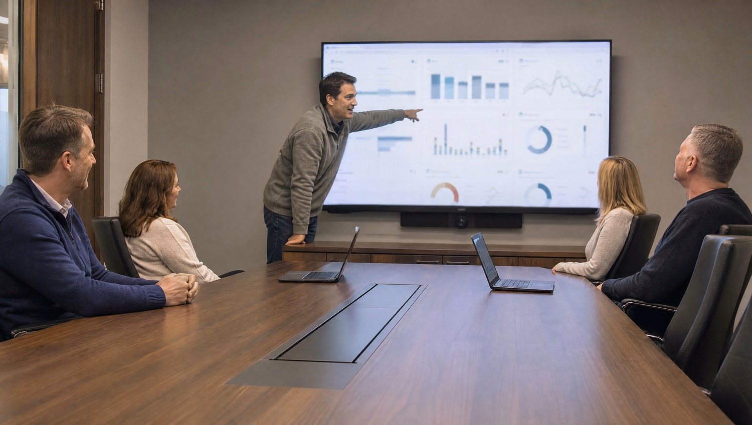 Boardroom meeting, man in fleece leans toward monitor 64 chars