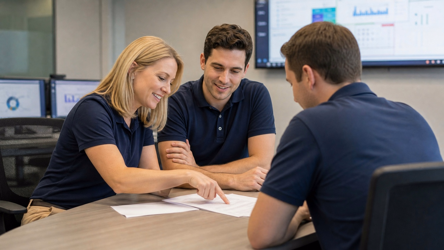 Woman and man review vendor contract at conference table