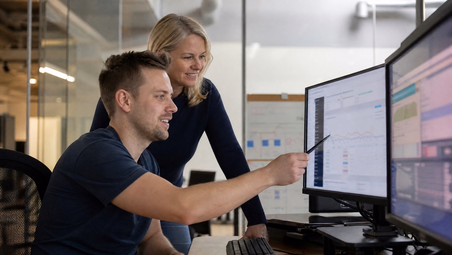 Woman points to network dashboard behind man at desk 61 chars