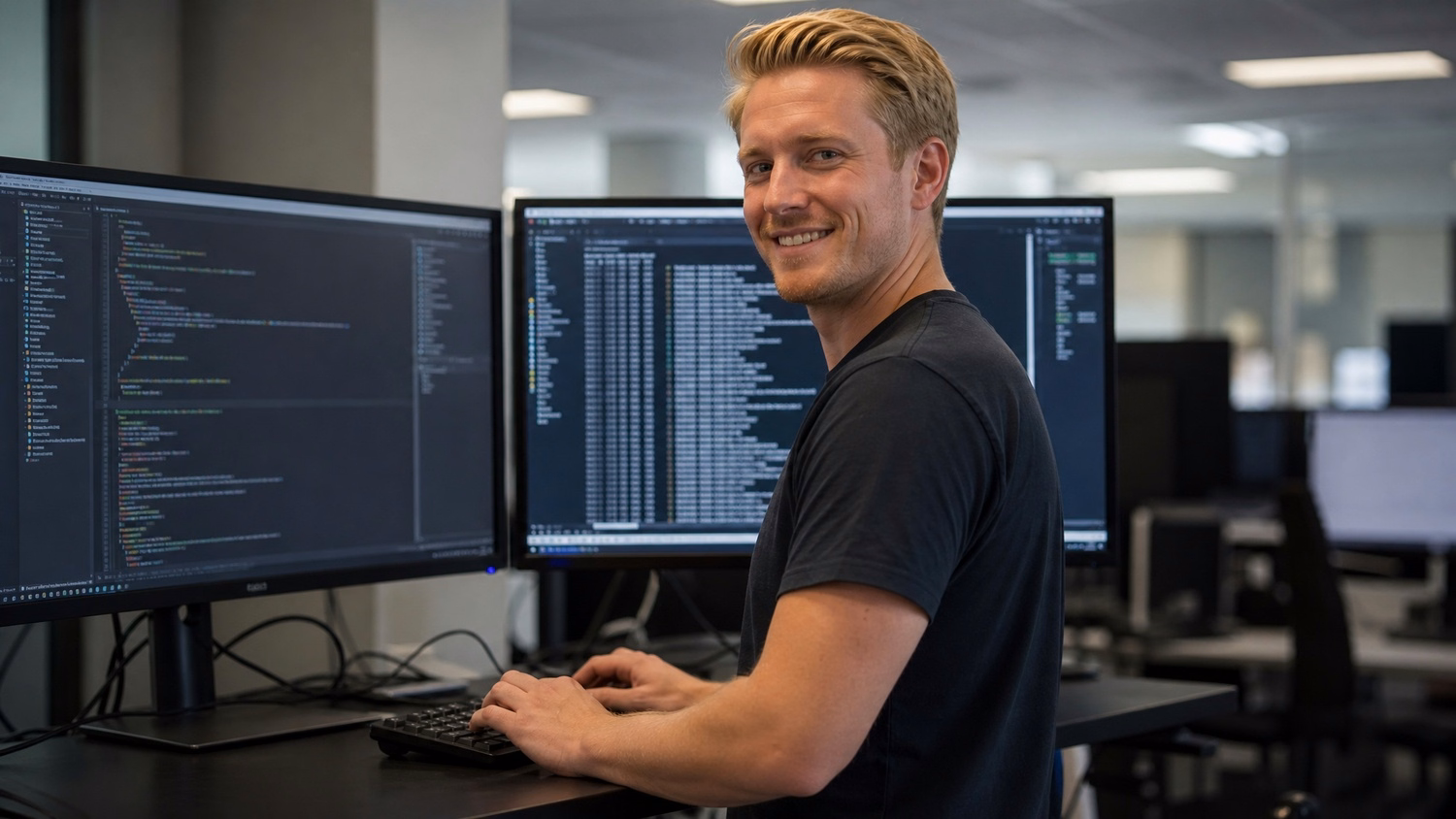 Man reviewing code on dual monitors, cybersecurity focus 64 chars