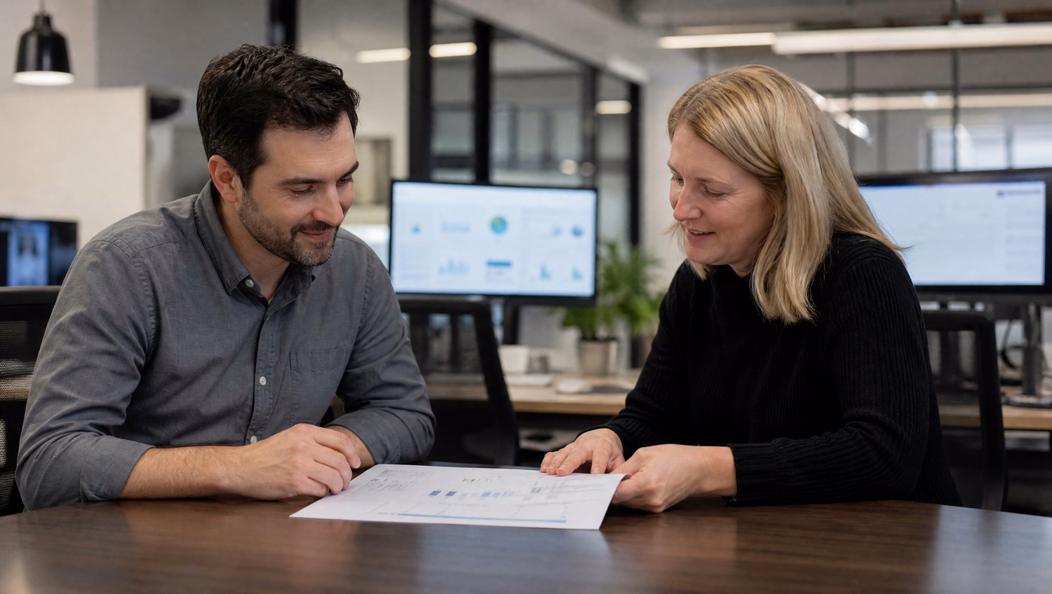Man and woman review report at meeting table 50 chars