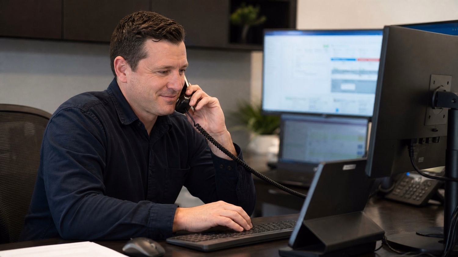 Man on phone types incident report at desk 50 chars