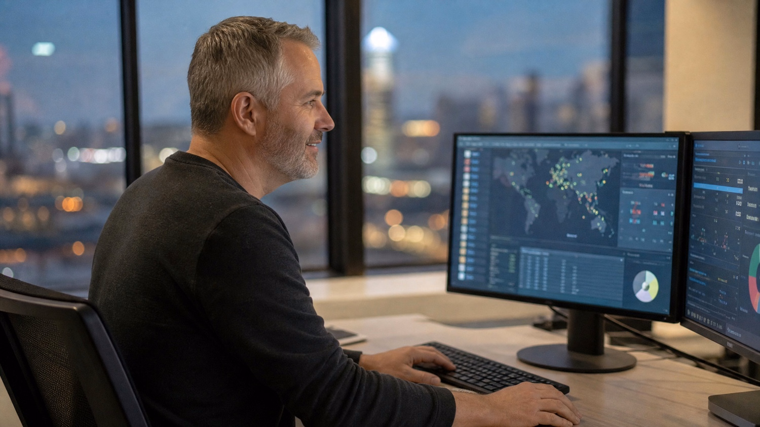 Man reviewing threat alert dashboard at dusk