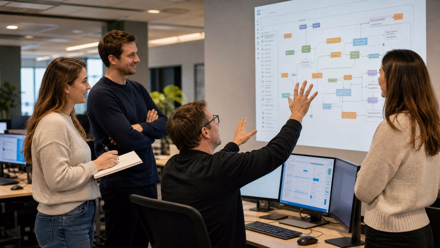 Virtual CIO analyzing network diagrams on dual screens