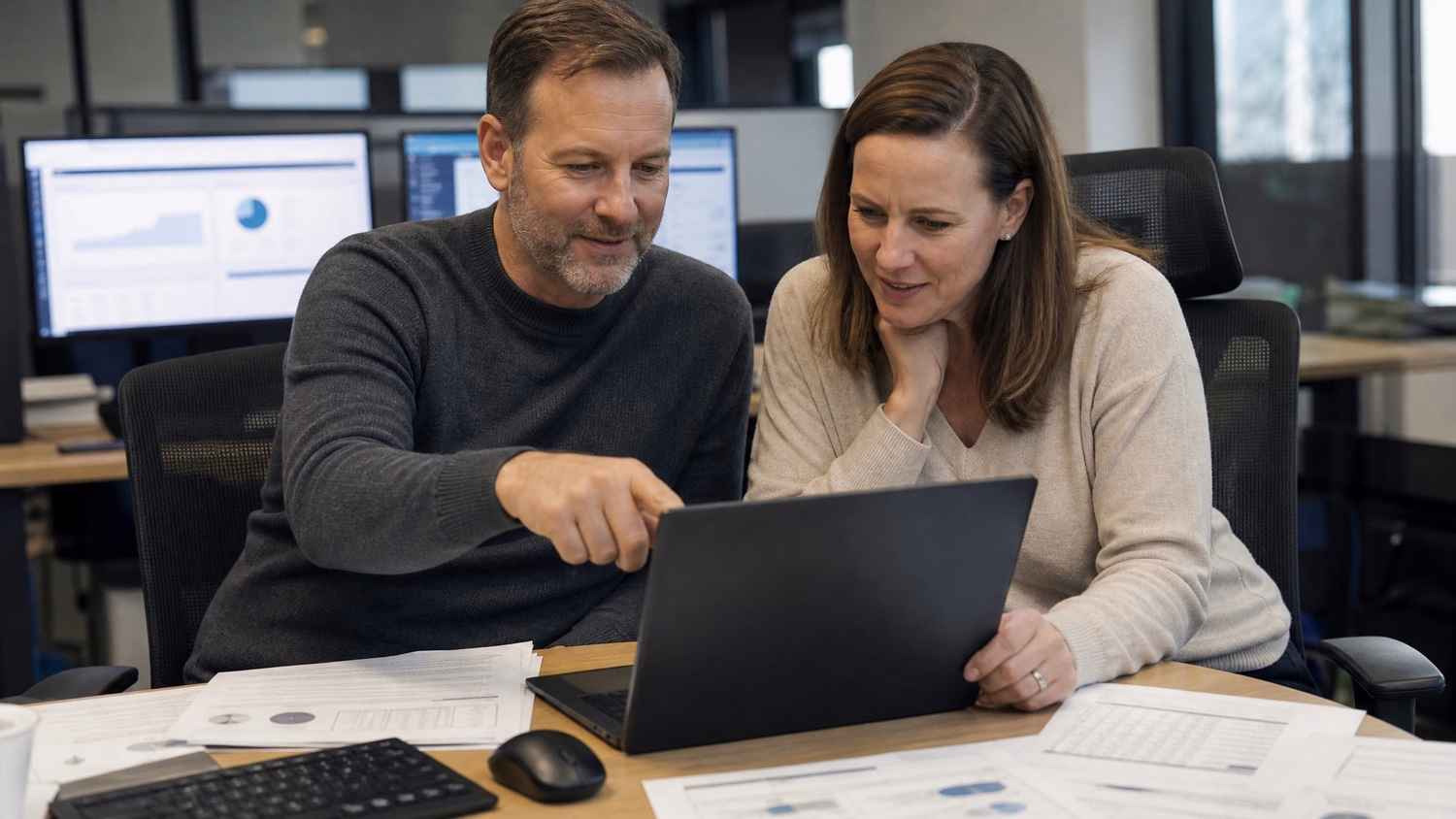 Man in navy polo discusses laptop with colleague at desk