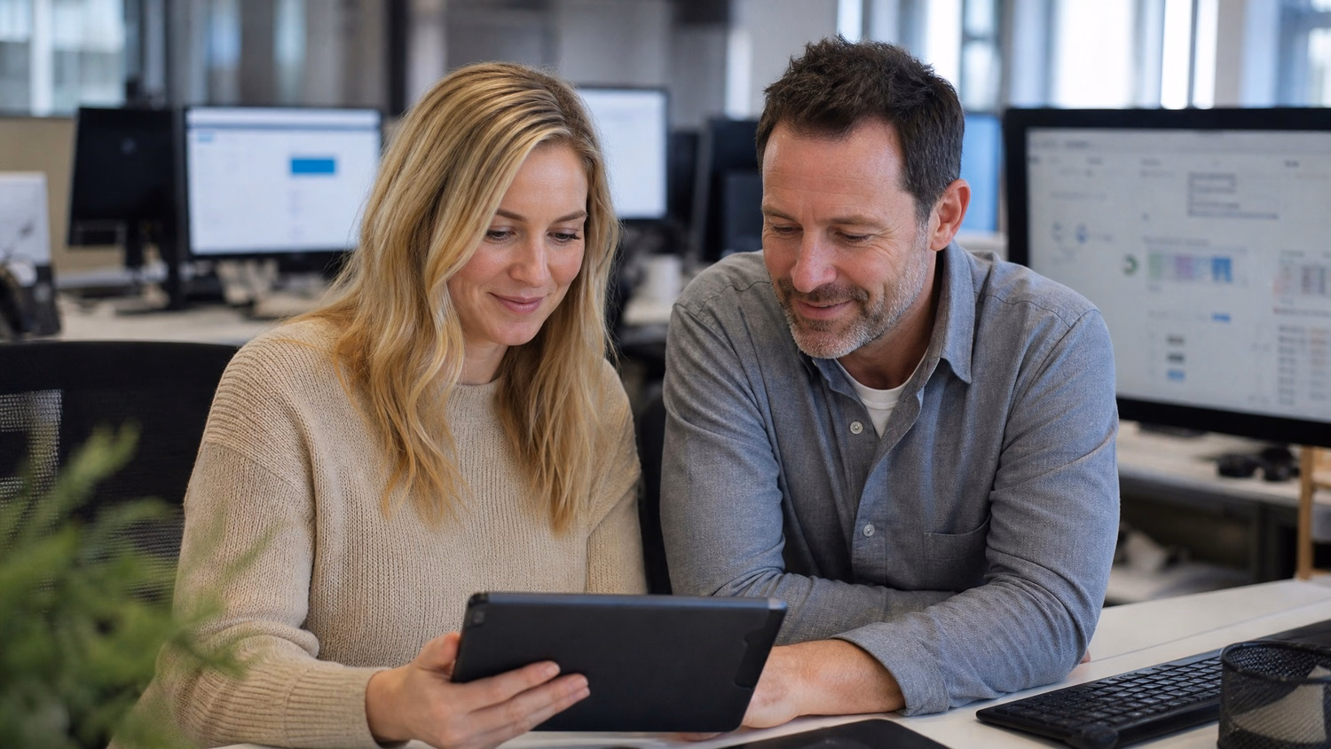 Two managers review tablet MDM dashboard together