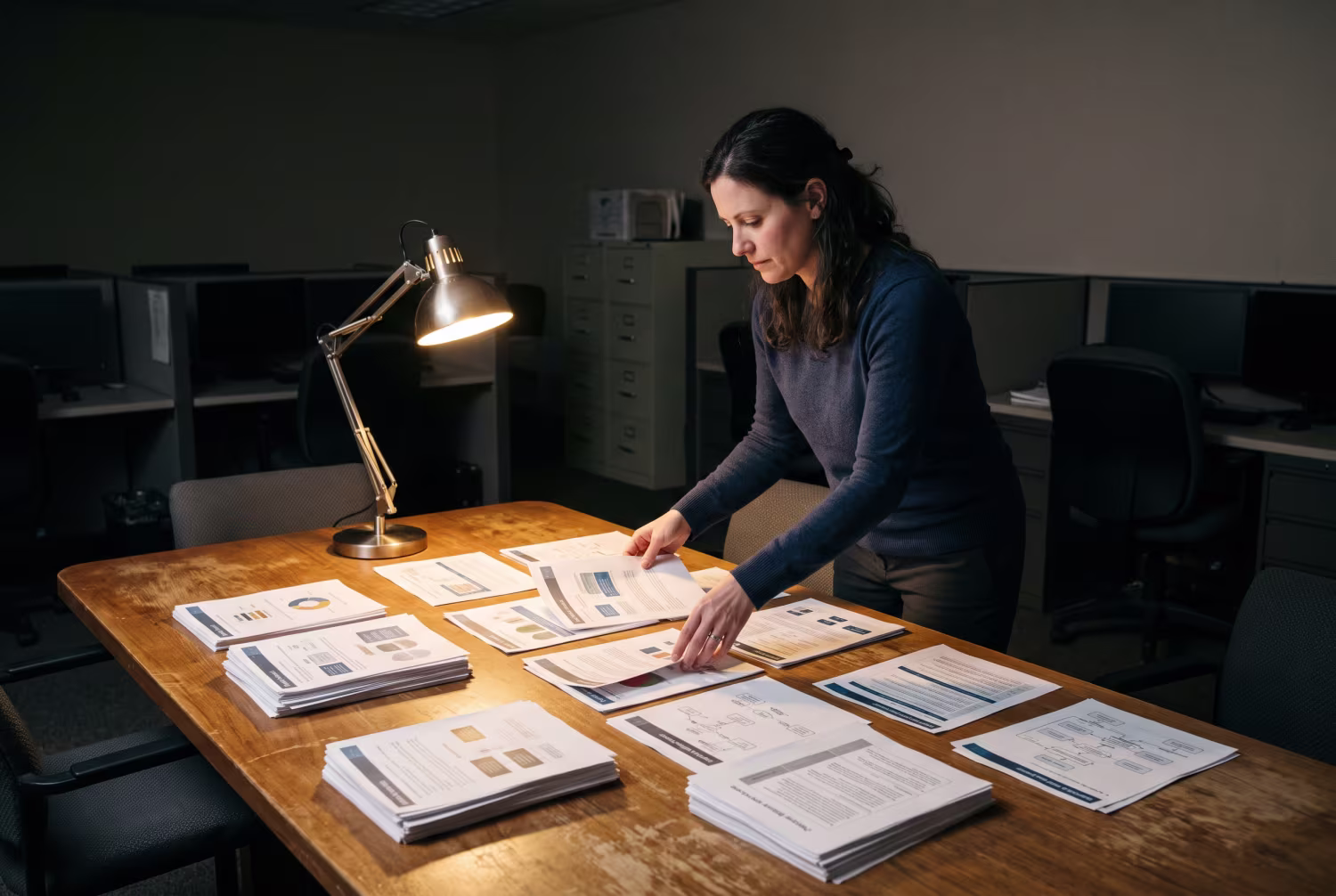 IT professional organizing cybersecurity papers under desk lamp