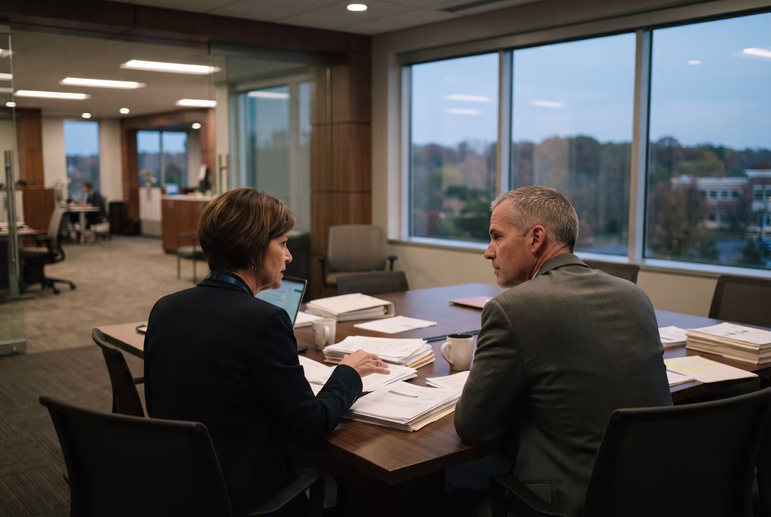 Two advisors discussing documents in Rochester Hills office