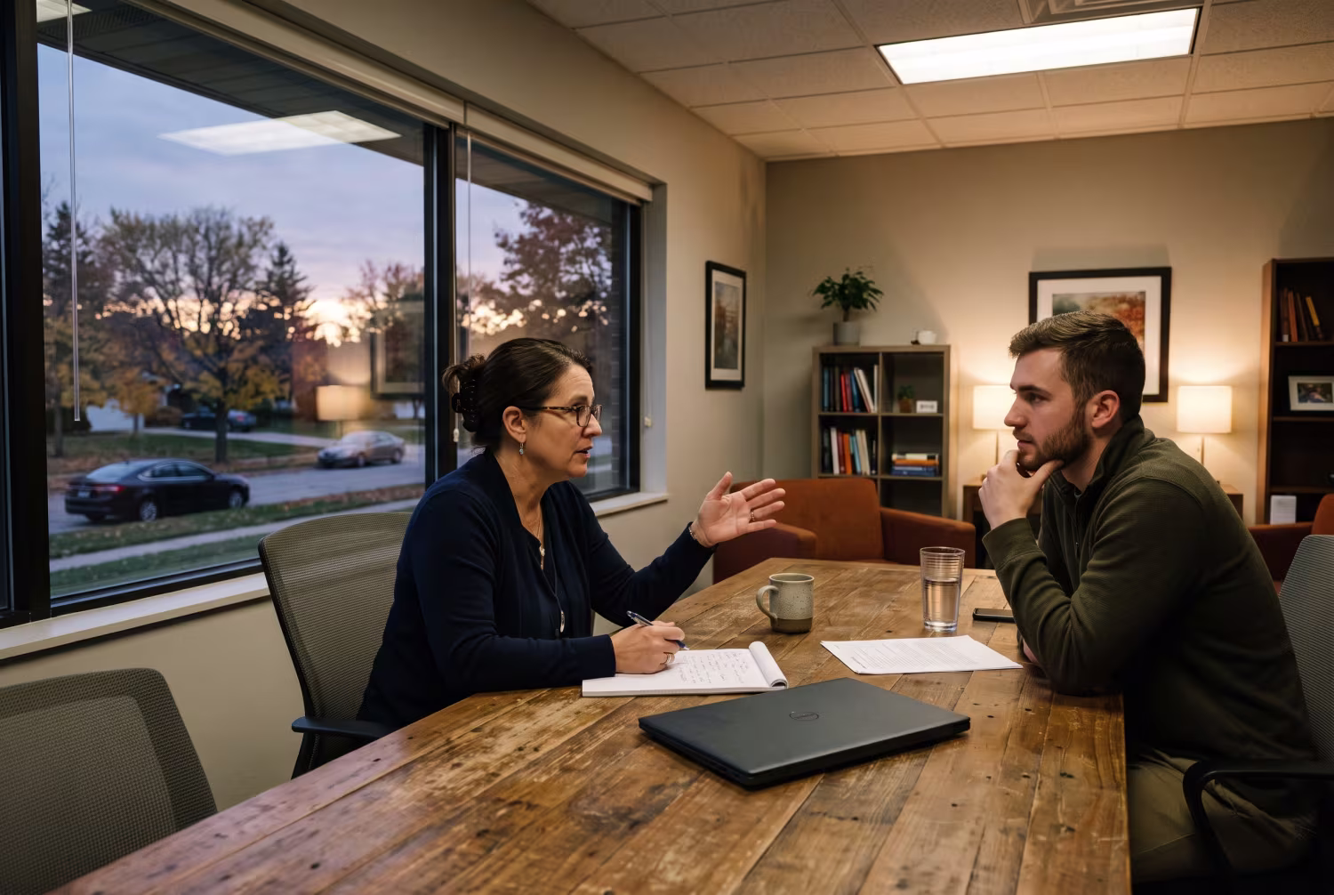 Two professionals discussing at a conference table in office
