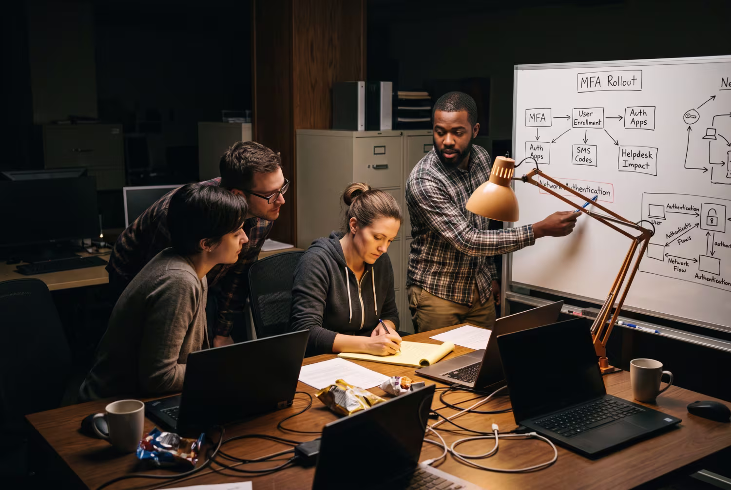 IT team planning multi-factor authentication rollout after-hours