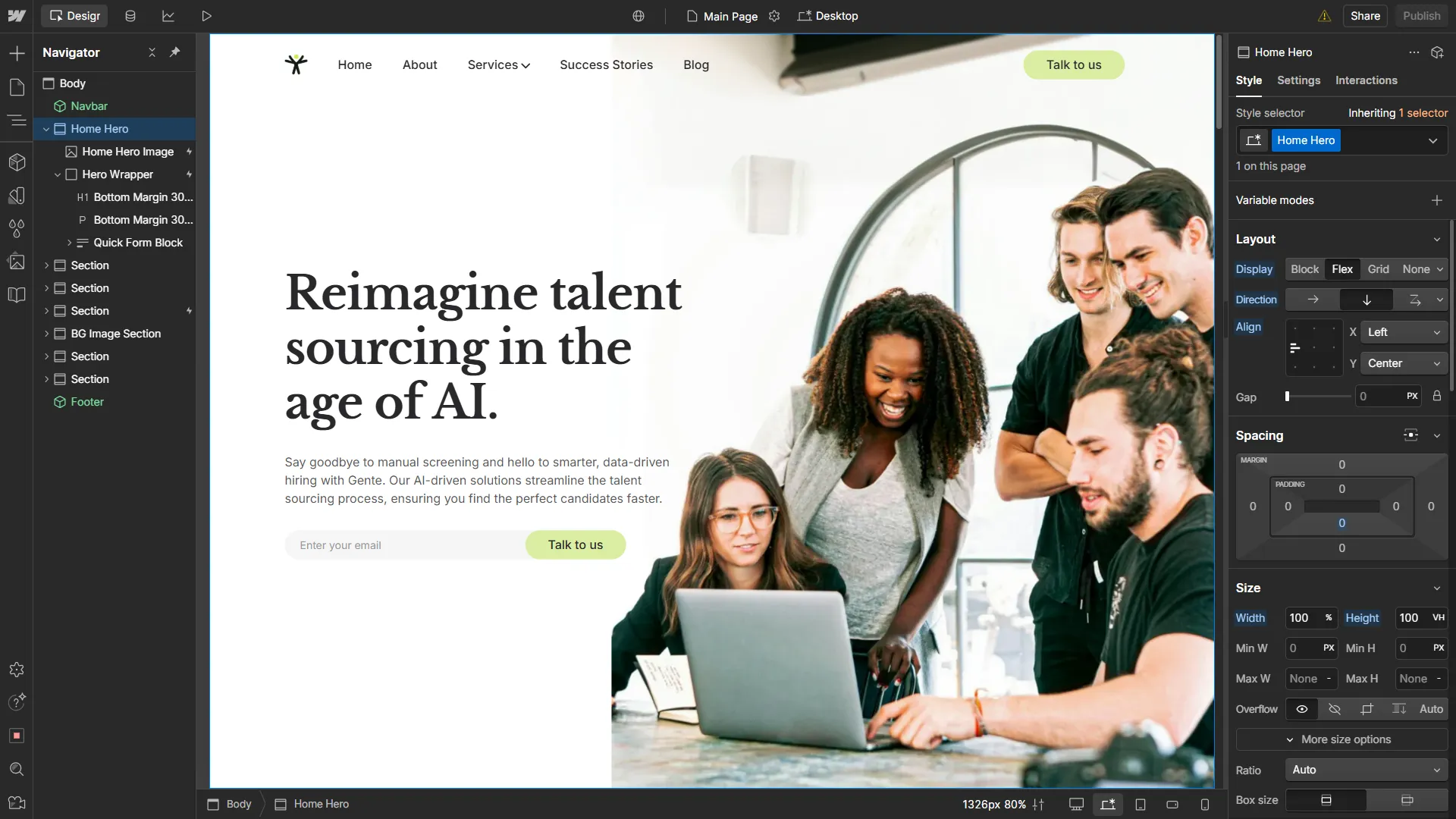 Preview of Gente inside Webflow Designer interface