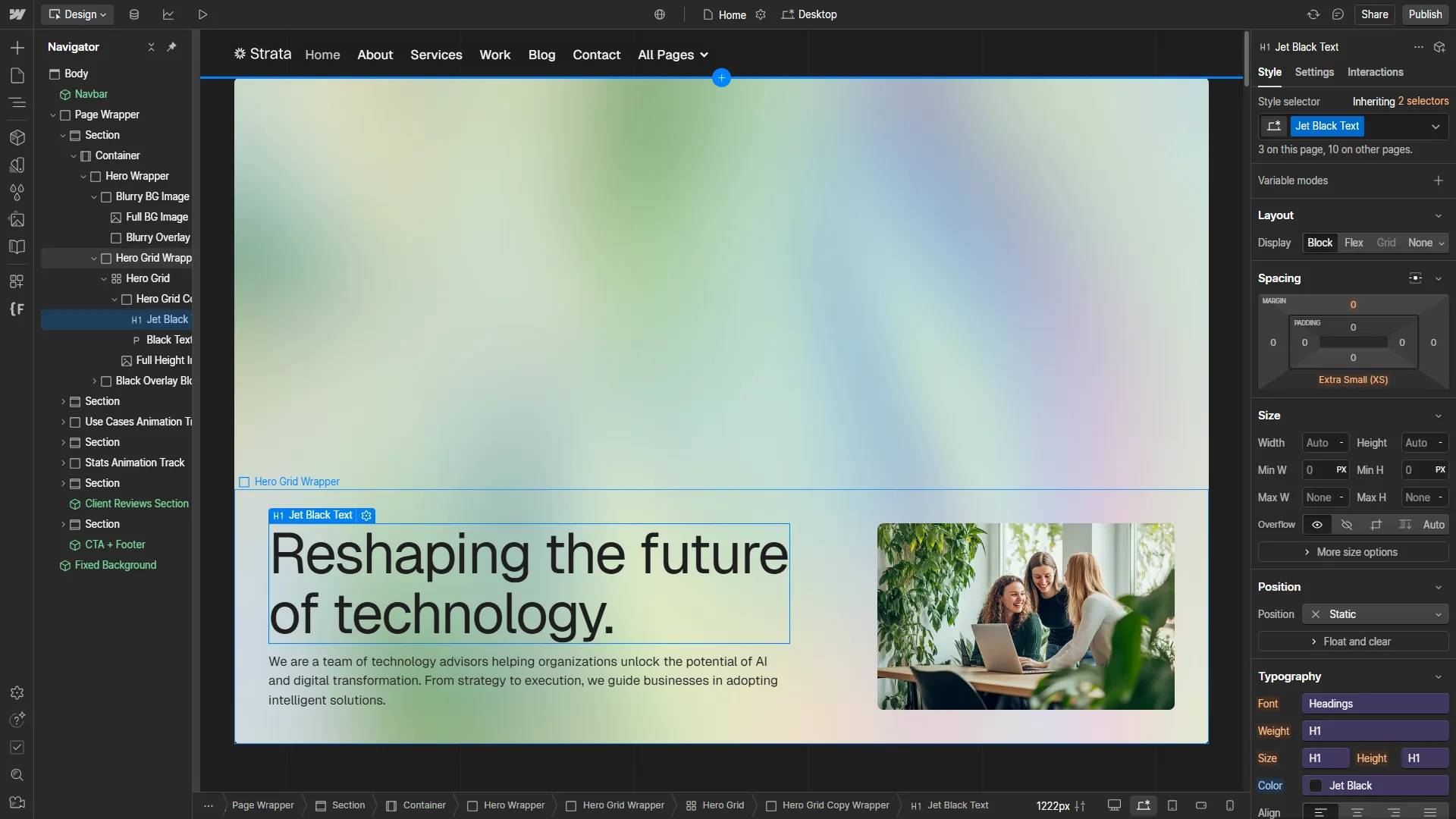 Preview of Strata Template inside Webflow Designer interface