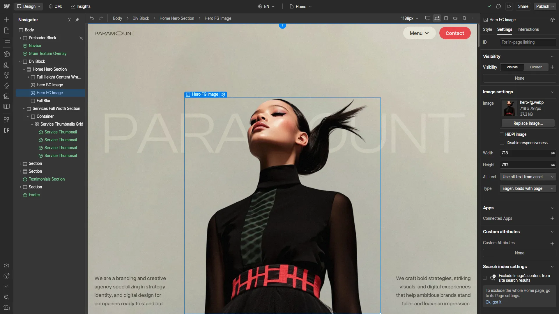 Preview of Paramount Template inside Webflow Designer interface