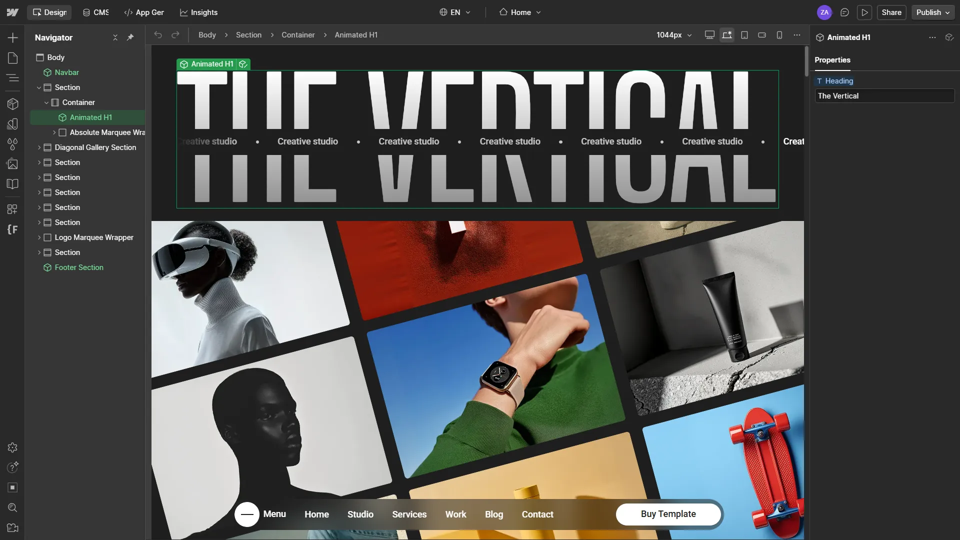 Preview of Vertical Template inside Webflow Designer interface