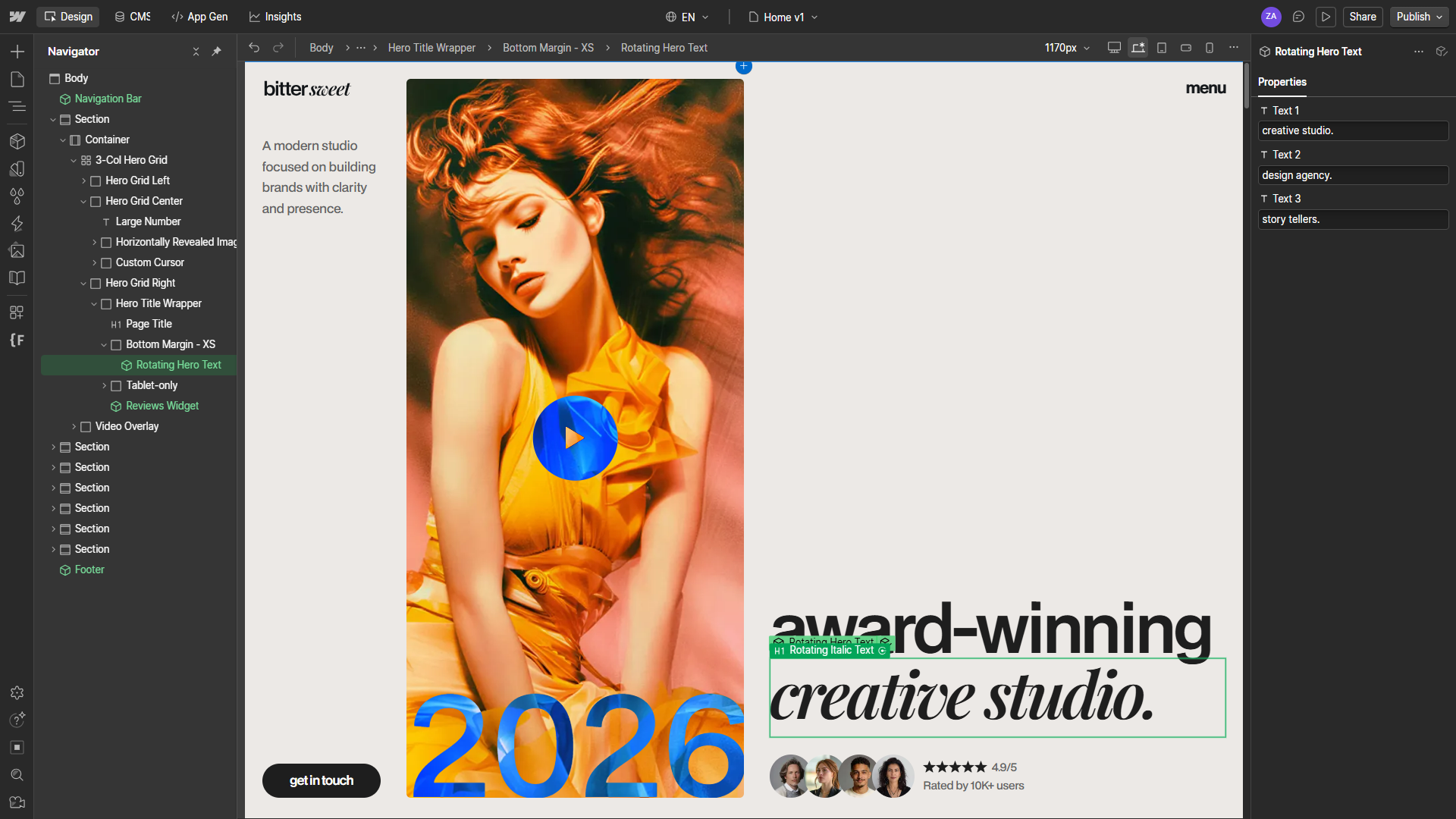 Preview of Bittersweet inside Webflow Designer interface