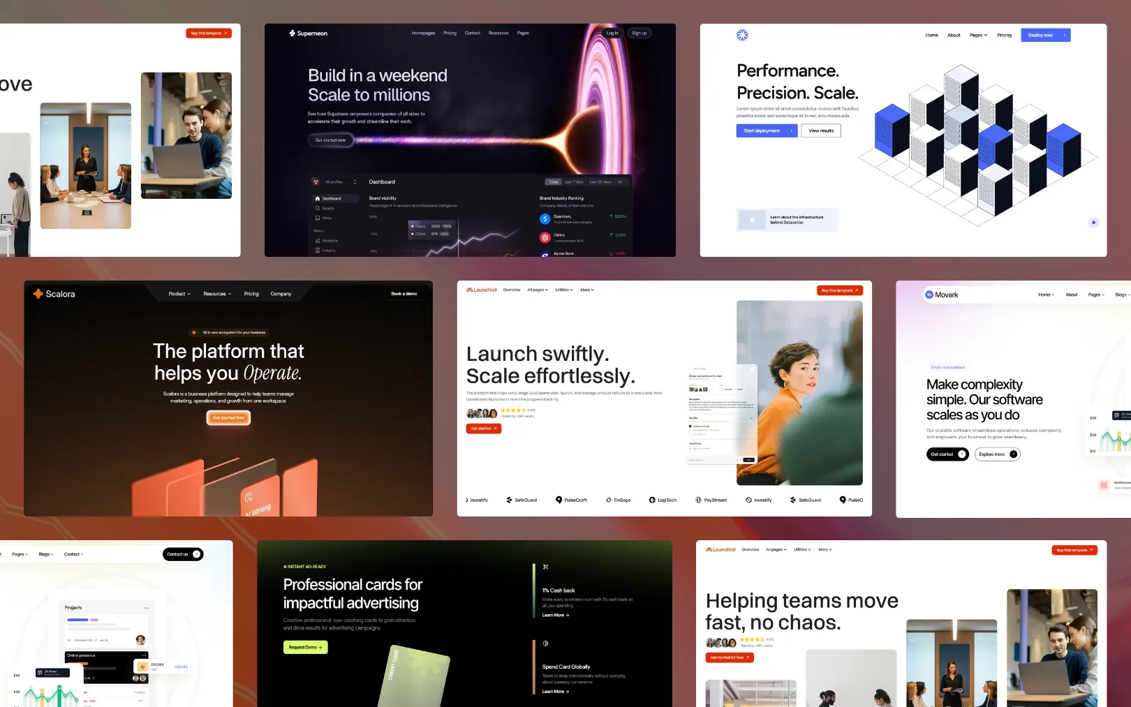 Collection of screenshots from the top 6 best SaaS software product templates for Webflow 2026