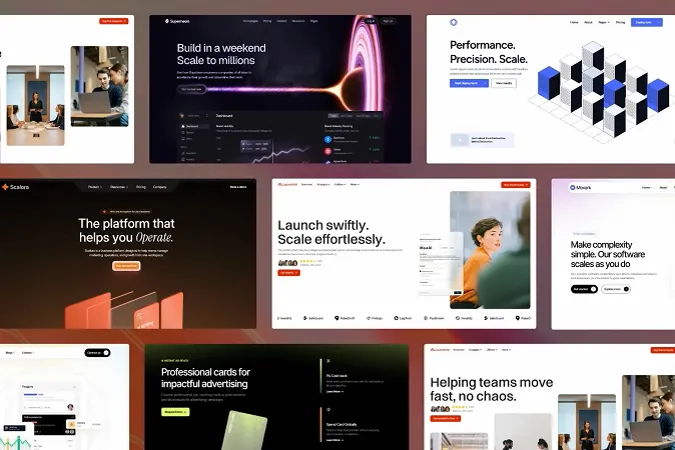 Collection of screenshots from the top 6 best SaaS software product templates for Webflow 2026
