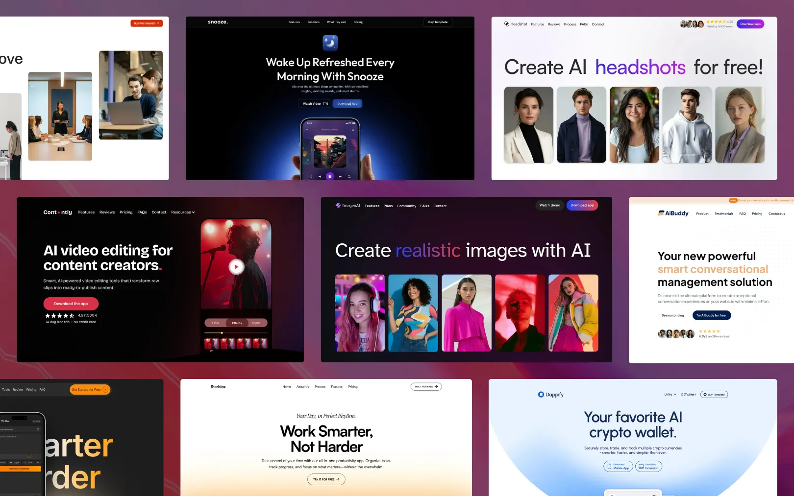 Collection of screenshots from the top 7 best AI mobile app templates for Webflow 2026