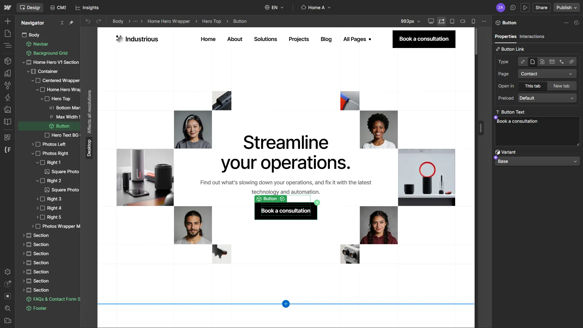 Preview of Industrious inside Webflow Designer interface