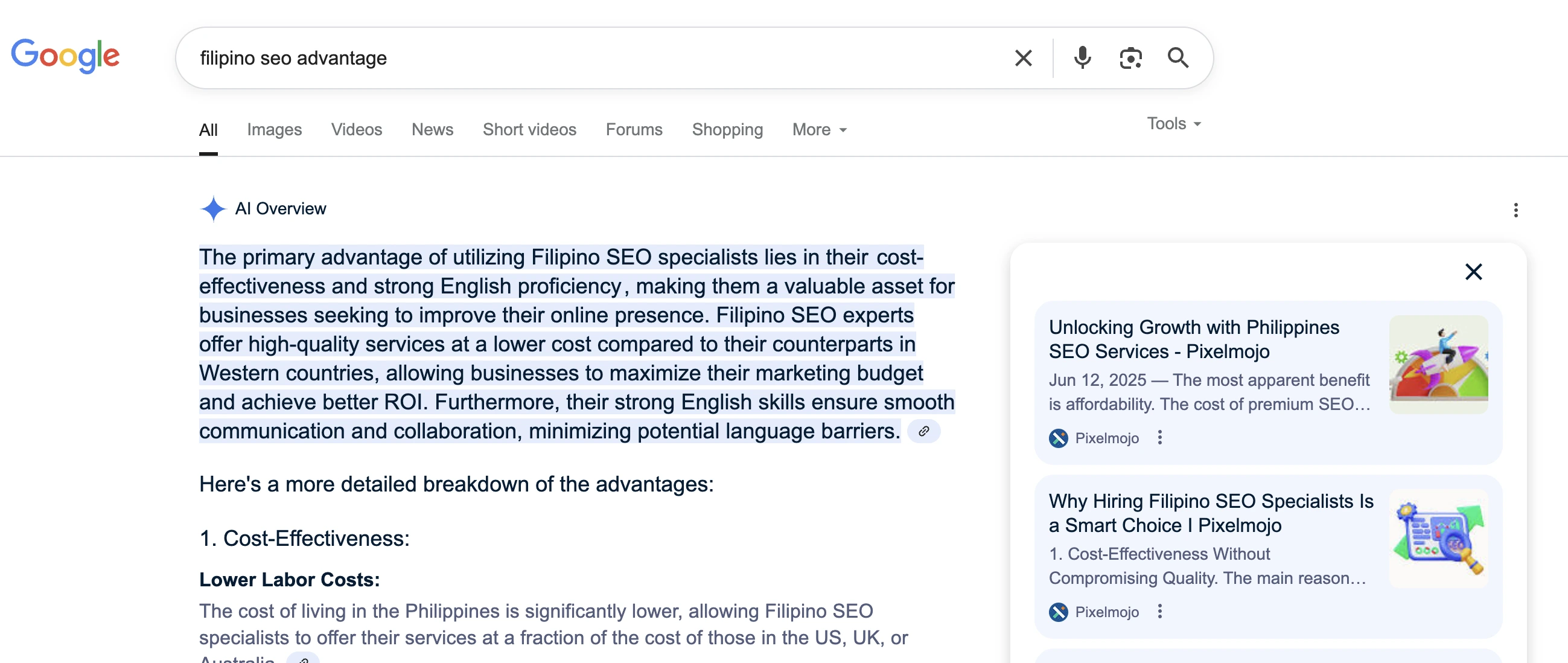 Screenshot of Google AI Overview showing Pixelmojo as a result for 'filipino seo advantage'
