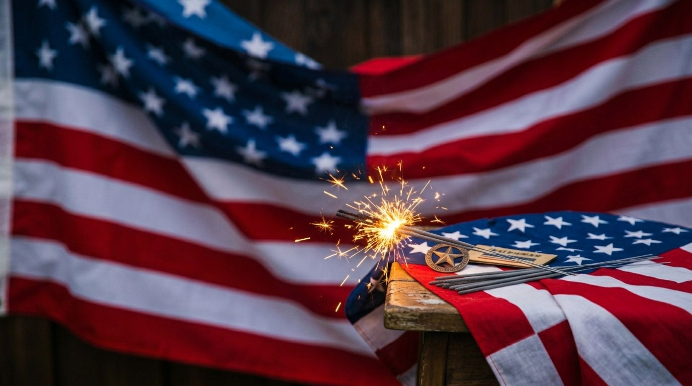 American flag next to lit sparklers