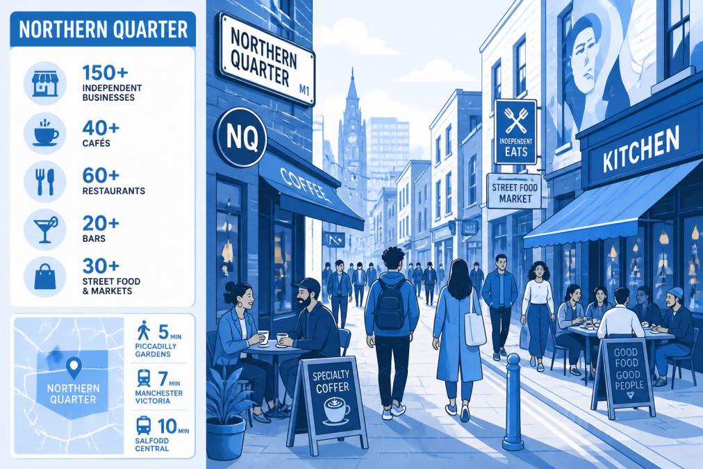 Professional illustration showing explore manchester food scene