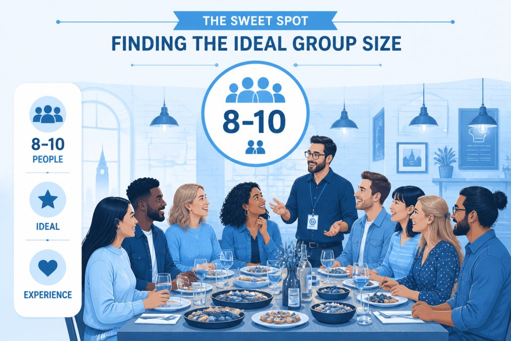 Visual roadmap for A diverse group of 8-10 people enjoying food and conversation at a restaurant table, smiling and ...