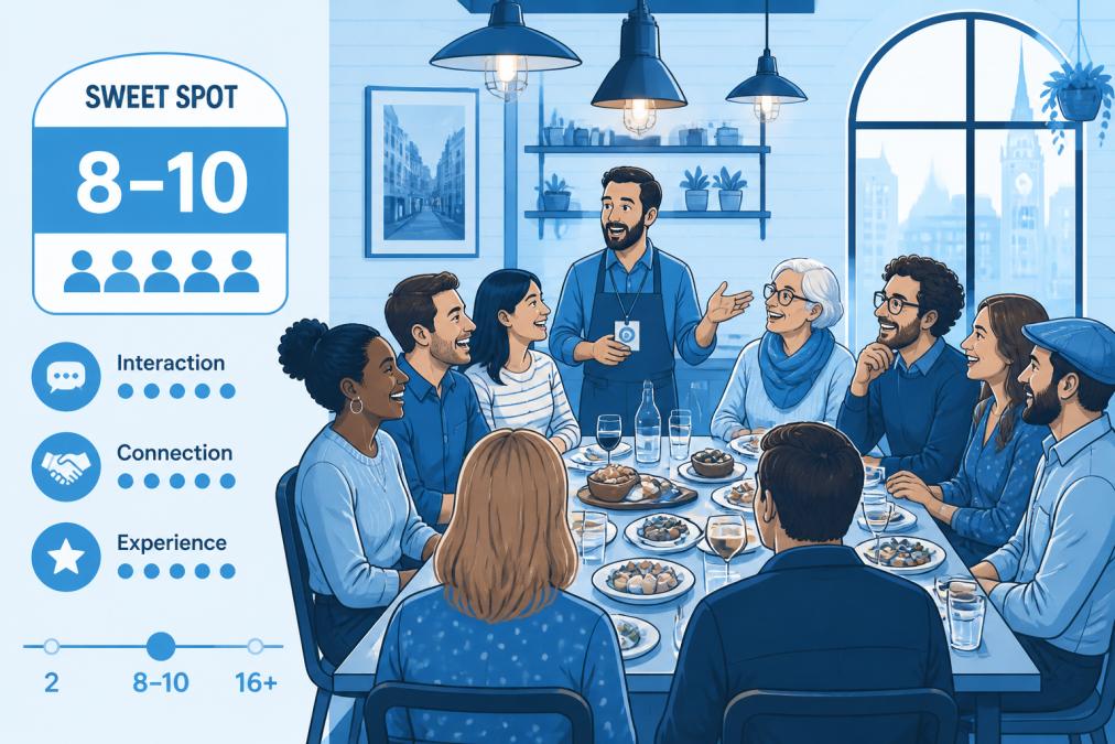 Visual roadmap for A diverse group of 8-10 people enjoying food and conversation at a restaurant table, smiling and ...