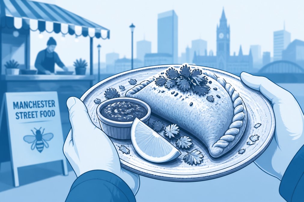 Close-up of hands holding a plate of artisanal street food from a Manchester vendor, showing handmade pastry, fresh herbs, and careful plating on rustic ceramic