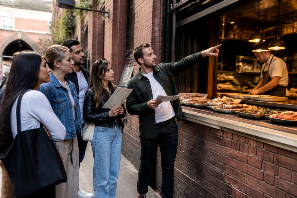 A diverse group of tourists and a guide standing outside a Manchester independent restaurant with exposed brick, examining menus and pointing at food displays, natural afternoon light