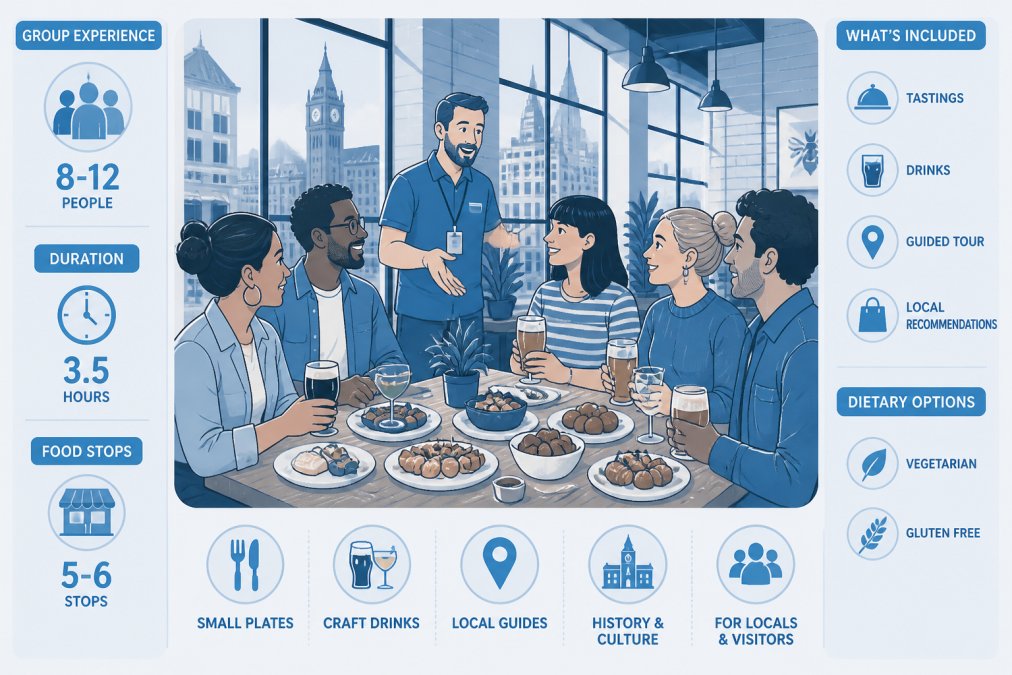 Visual roadmap for A diverse group of tourists and locals gathered around a Manchester restaurant table, enjoying sm...