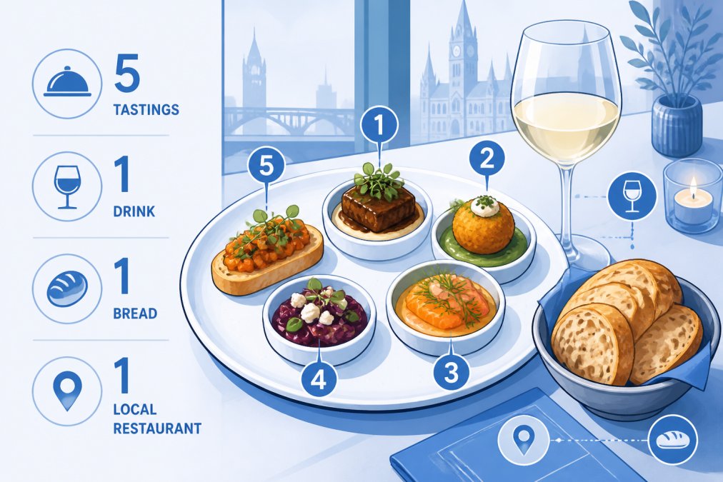 Close-up of a tasting plate with multiple small portions of local dishes, wine glass, and artisanal bread on a table at a local Manchester restaurant, warm evening light