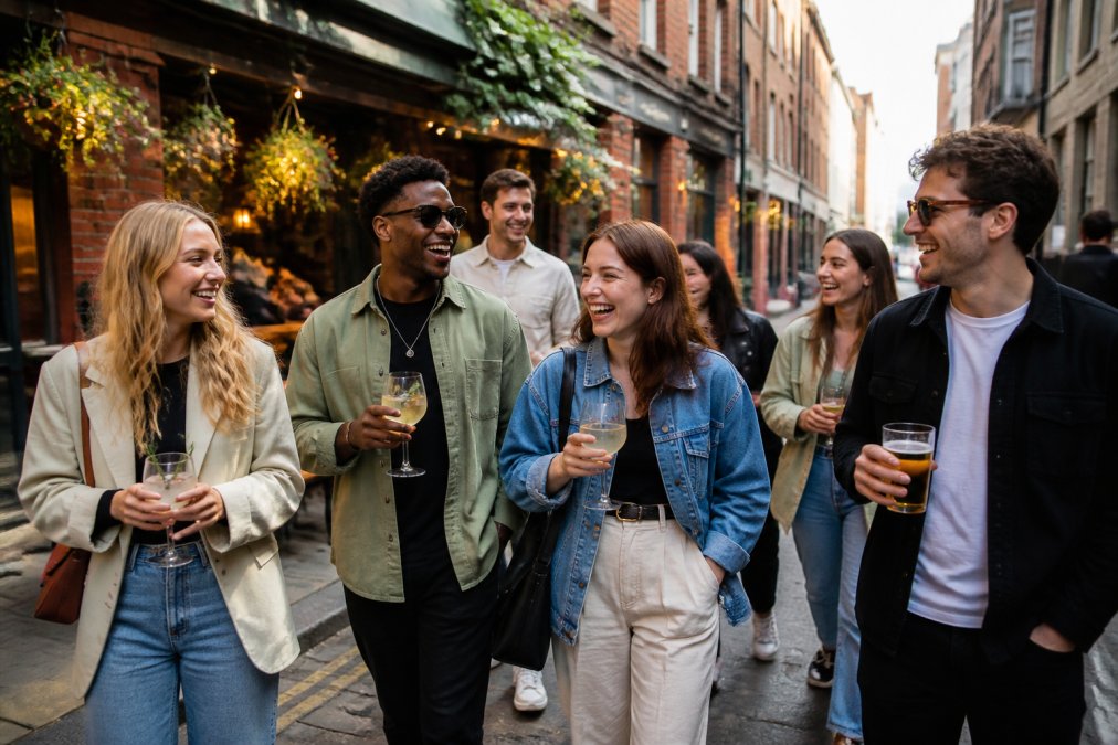 A diverse group of friends walking together through a vibrant Manchester street lined with independent cafés and bars, stopping to sample food and drinks, holding glasses and smiling in warm afternoon light