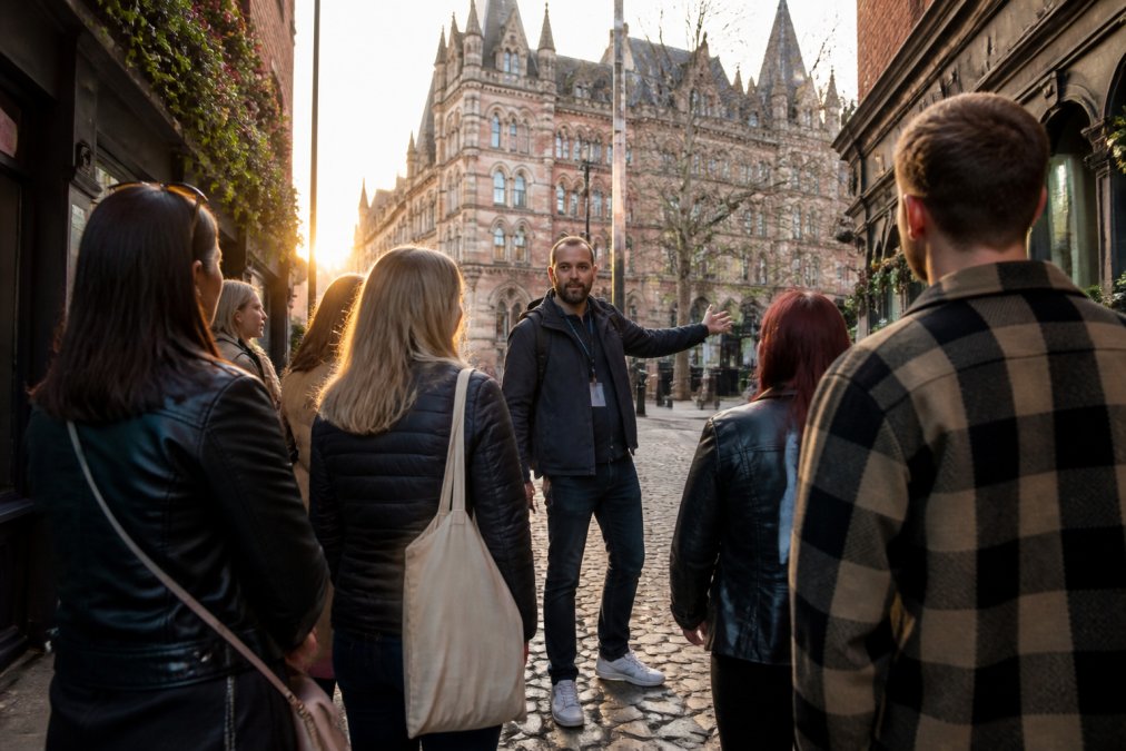 A diverse group of food tour participants walking through a vibrant Manchester street lined with independent restaurants and bars, with a knowledgeable guide gesturing toward historic Victorian architecture, late afternoon golden light illuminating the cobblestones