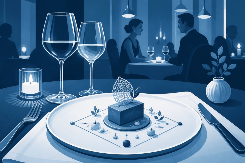 An elegantly plated fine dining dish with geometric precision, accompanied by paired wine glasses catching candlelight, set on a dark table with white linens, intimate atmospheric restaurant lighting creating shadows and depth, diners' faces softly lit in the background