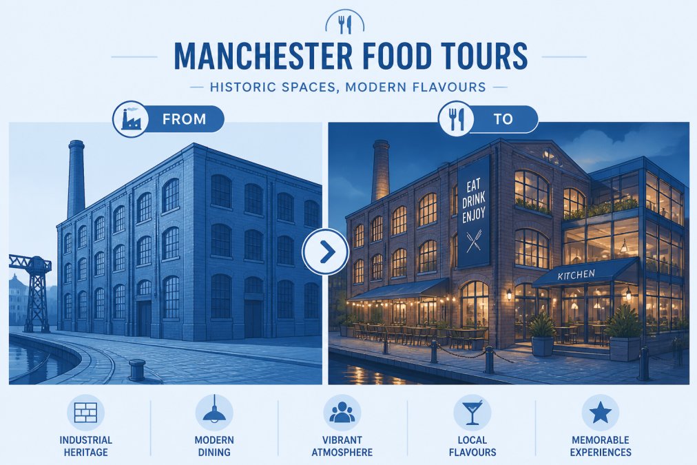 Historic brick warehouse buildings converted into modern restaurants and food venues, showing the contrast between industrial architecture and contemporary dining spaces, warm evening lighting