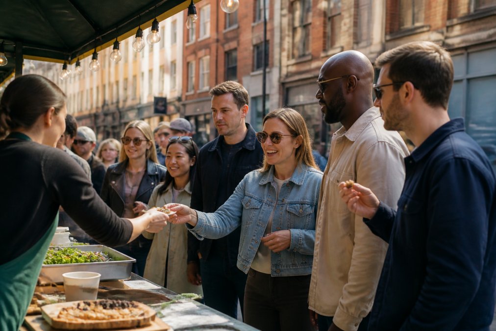 Diverse group of tourists and locals walking together through a vibrant street lined with independent restaurants and bars, sampling food from a street vendor or outdoor market stall, natural afternoon lighting