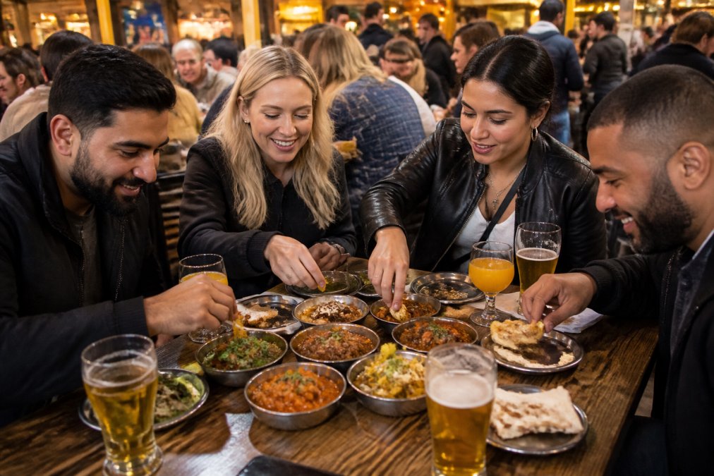 Vibrant street food scene with groups of people sharing small plates of Indian tapas and craft beers at a bustling casual dining table with warm lighting and lively atmosphere
