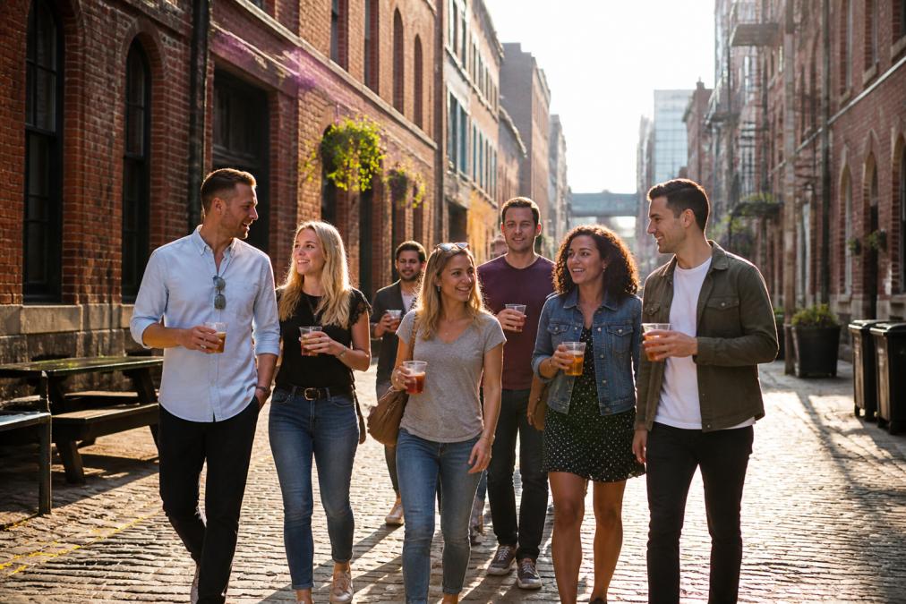 A diverse group of friends walking through a vibrant Manchester street lined with historic red-brick buildings and independent eateries, smiling and holding drinks, golden afternoon light casting long shadows on the pavement