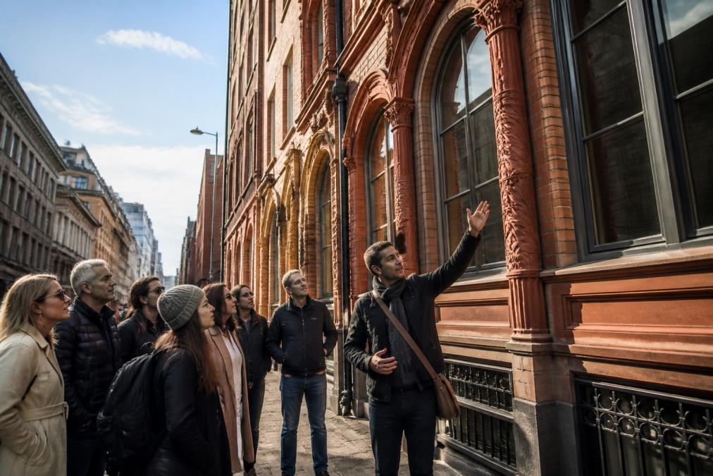 Knowledgeable tour guide gesturing towards a historic building facade while a diverse group of visitors listen attentively on a narrow Manchester street, afternoon sunlight illuminating the scene