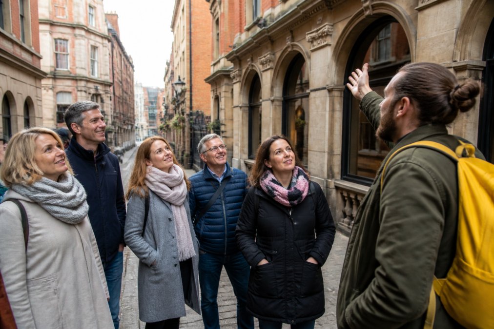 A diverse group of adults walking through a historic city street lined with independent restaurants and bars, smiling and engaged with a local guide pointing out architectural details and heritage features of the buildings
