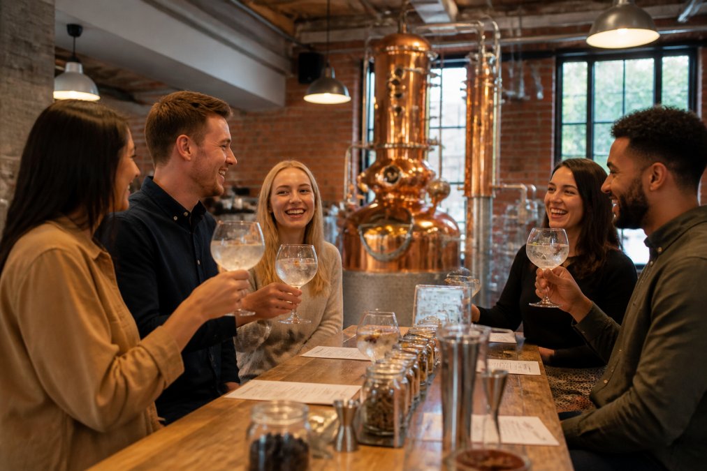 A group of people in a modern distillery tasting room, holding gin glasses and smiling, with copper distillery equipment visible in the background and warm lighting from industrial-style fixtures